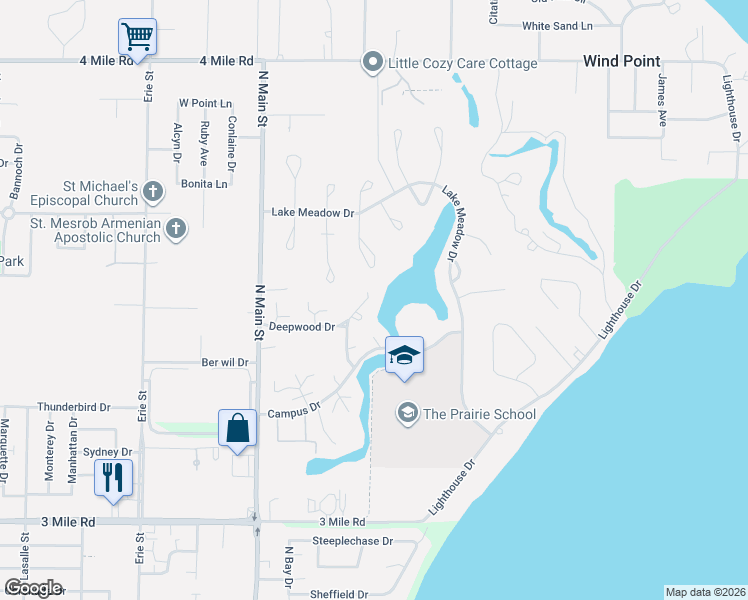 map of restaurants, bars, coffee shops, grocery stores, and more near 25 Lakewood Drive in Wind Point