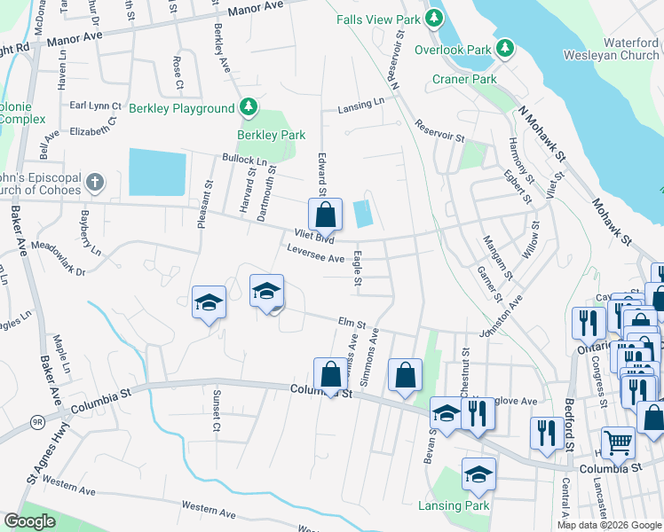map of restaurants, bars, coffee shops, grocery stores, and more near 40 Leversee Avenue in Cohoes