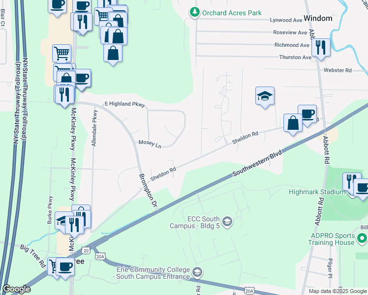 map of restaurants, bars, coffee shops, grocery stores, and more near 4715 Mosey Lane in Blasdell