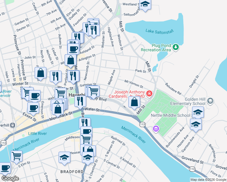 map of restaurants, bars, coffee shops, grocery stores, and more near 125 Summer Street in Haverhill