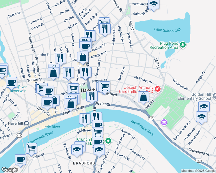 map of restaurants, bars, coffee shops, grocery stores, and more near 46 Green Street in Haverhill