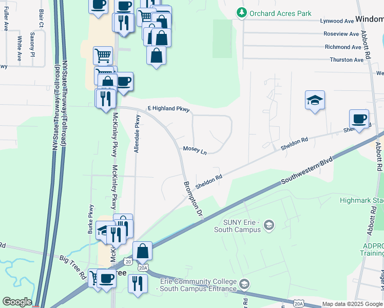 map of restaurants, bars, coffee shops, grocery stores, and more near 4688 Brompton Drive in Buffalo
