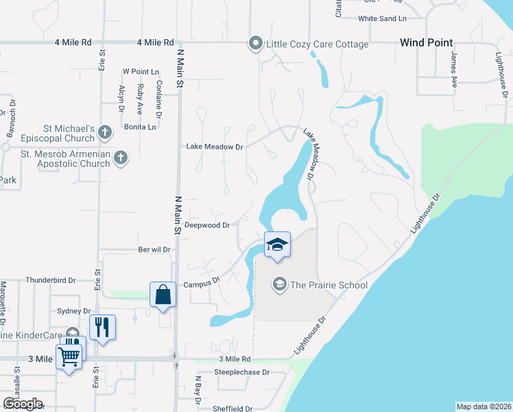 map of restaurants, bars, coffee shops, grocery stores, and more near 25 Lakewood Drive in Wind Point