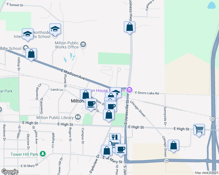 map of restaurants, bars, coffee shops, grocery stores, and more near 602 East Madison Avenue in Milton