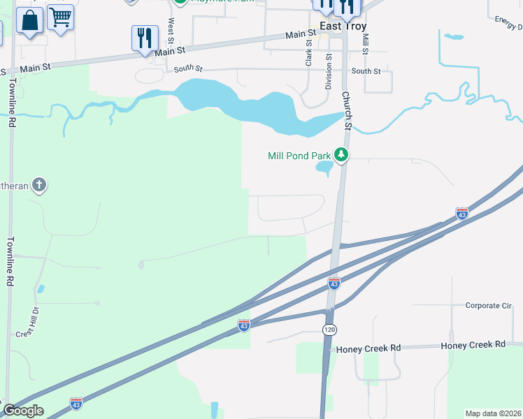 map of restaurants, bars, coffee shops, grocery stores, and more near 2324 Autumn Ln in East Troy
