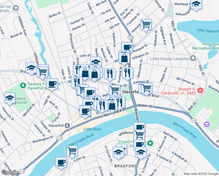 map of restaurants, bars, coffee shops, grocery stores, and more near 67 Pecker Street in Haverhill