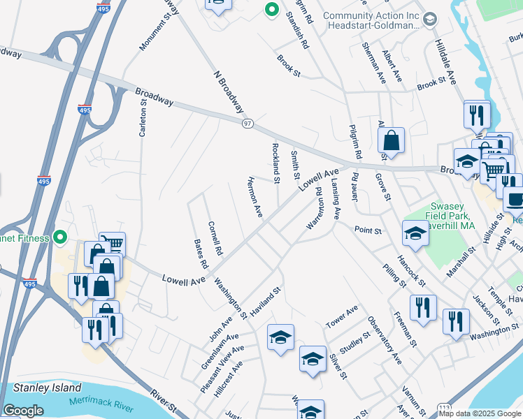 map of restaurants, bars, coffee shops, grocery stores, and more near 15 Hermon Avenue in Haverhill