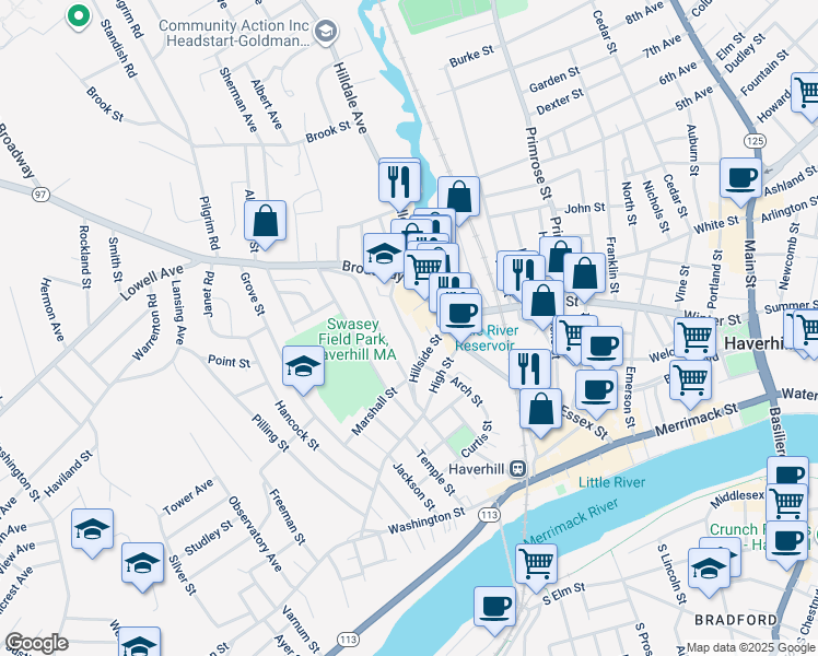 map of restaurants, bars, coffee shops, grocery stores, and more near 23 Oak Terrace in Haverhill