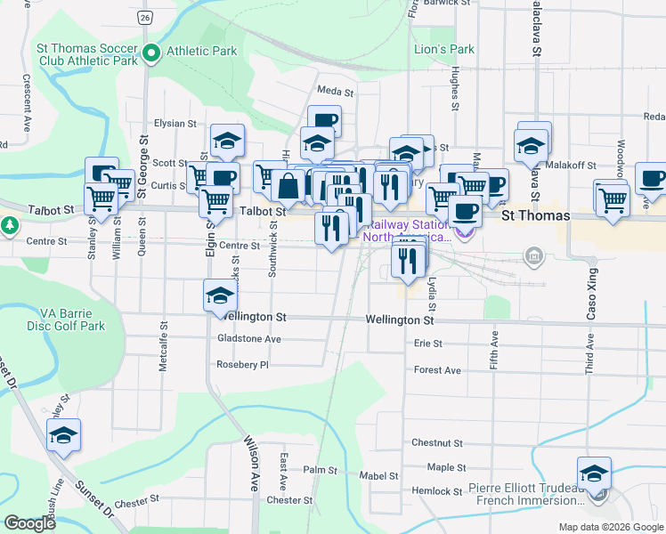 map of restaurants, bars, coffee shops, grocery stores, and more near 69 Elizabeth Street in St. Thomas