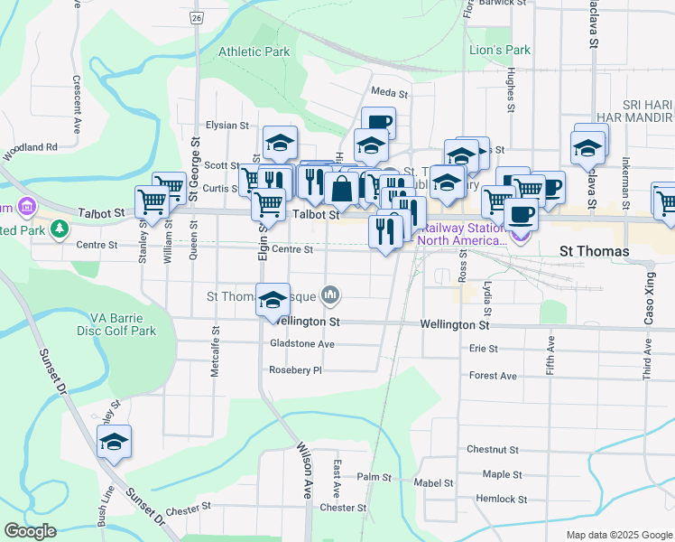 map of restaurants, bars, coffee shops, grocery stores, and more near 35 Elizabeth Street in St. Thomas