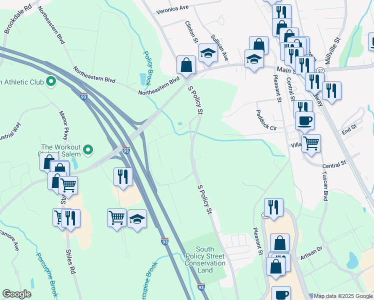 map of restaurants, bars, coffee shops, grocery stores, and more near 28 South Policy Street in Salem