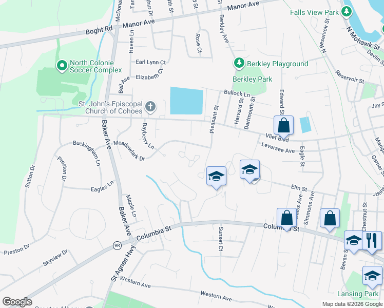 map of restaurants, bars, coffee shops, grocery stores, and more near 12 Stonehenge Square in Cohoes