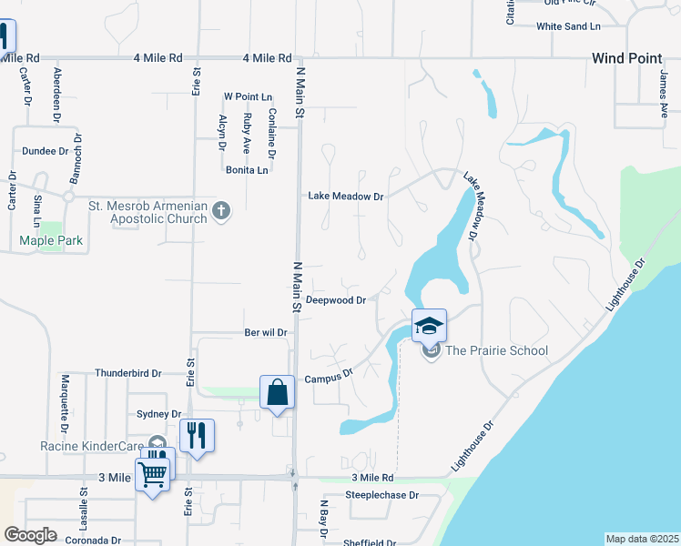 map of restaurants, bars, coffee shops, grocery stores, and more near 35 Stonewood Court in Wind Point
