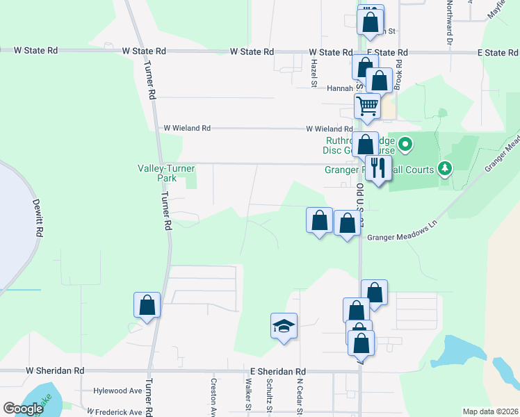 map of restaurants, bars, coffee shops, grocery stores, and more near 1331 Hickory Street in Lansing