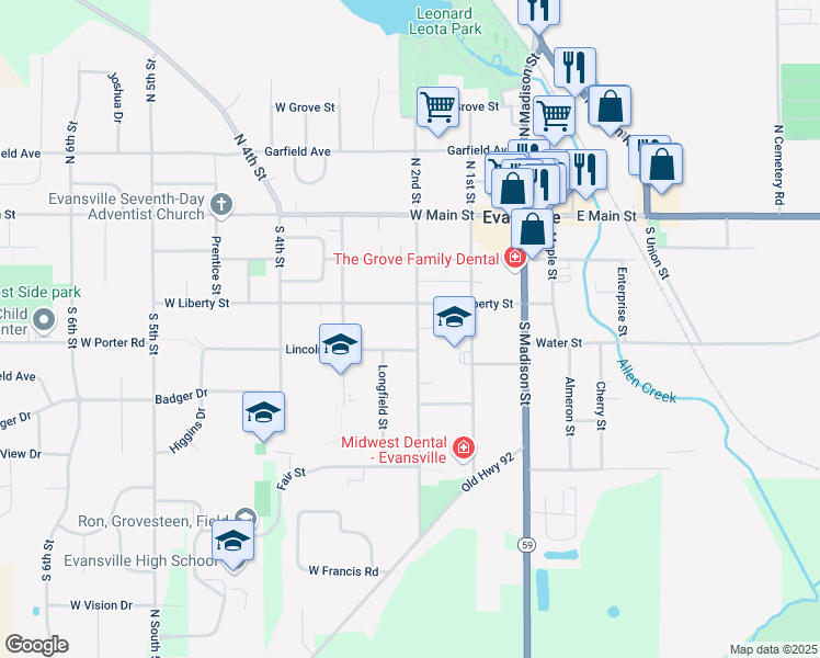 map of restaurants, bars, coffee shops, grocery stores, and more near 221 South 2nd Street in Evansville