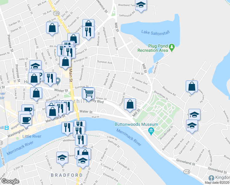 map of restaurants, bars, coffee shops, grocery stores, and more near 125 Summer Street in Haverhill