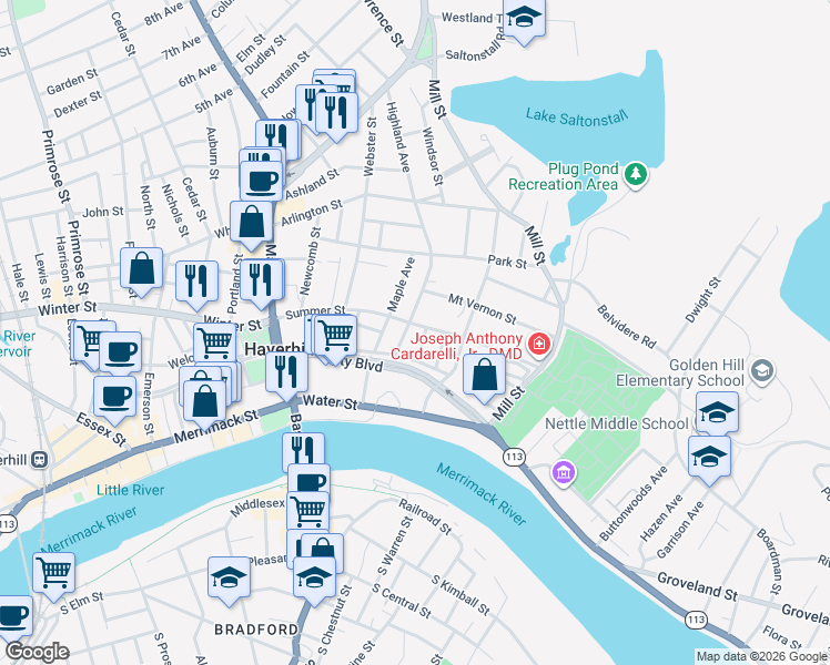 map of restaurants, bars, coffee shops, grocery stores, and more near 125 Summer Street in Haverhill