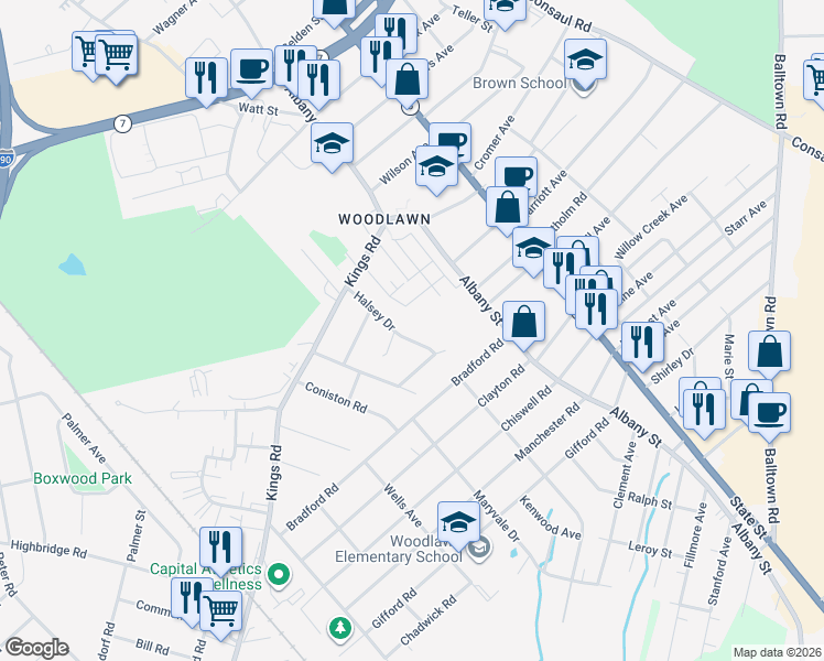 map of restaurants, bars, coffee shops, grocery stores, and more near 2901 Halsey Drive in Schenectady
