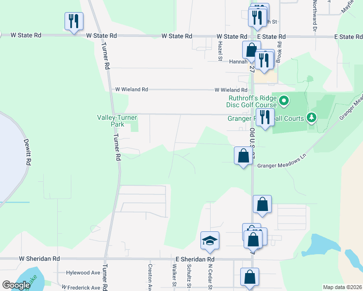 map of restaurants, bars, coffee shops, grocery stores, and more near 1331 Hickory Street in Lansing