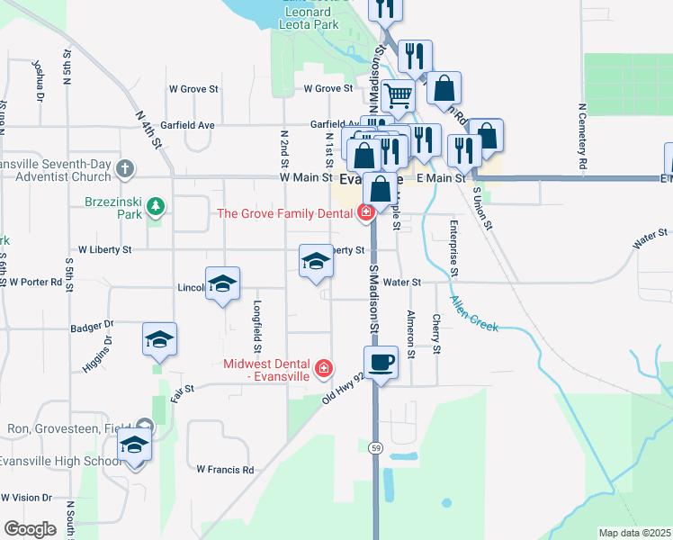 map of restaurants, bars, coffee shops, grocery stores, and more near 222 South 1st Street in Evansville