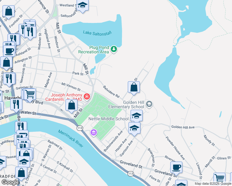 map of restaurants, bars, coffee shops, grocery stores, and more near 4 Dwight Street in Haverhill