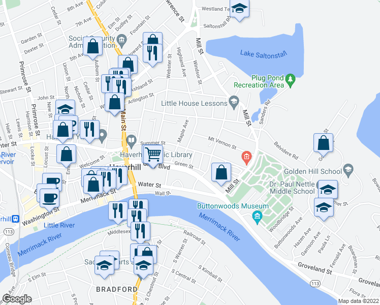 map of restaurants, bars, coffee shops, grocery stores, and more near 125 Summer Street in Haverhill