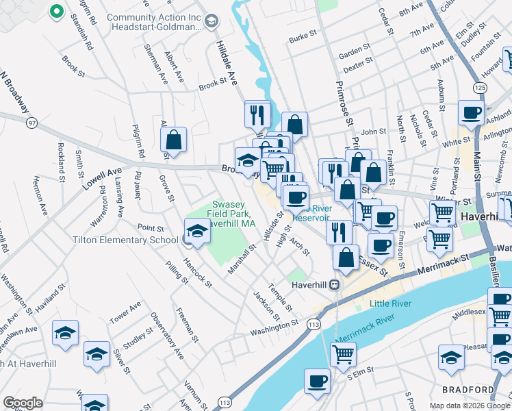 map of restaurants, bars, coffee shops, grocery stores, and more near 23 Oak Terrace in Haverhill