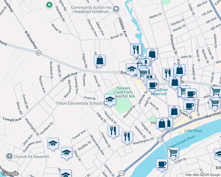 map of restaurants, bars, coffee shops, grocery stores, and more near 47 Bedford Street in Haverhill