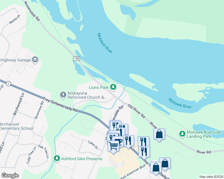 map of restaurants, bars, coffee shops, grocery stores, and more near 3439 Rosendale Road in Schenectady County