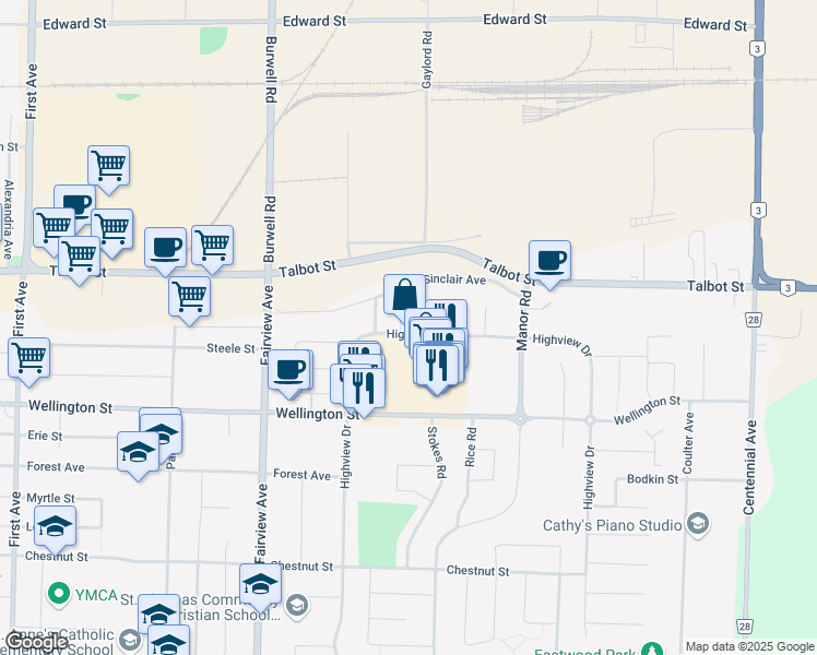 map of restaurants, bars, coffee shops, grocery stores, and more near 2 Farmington Drive in St. Thomas