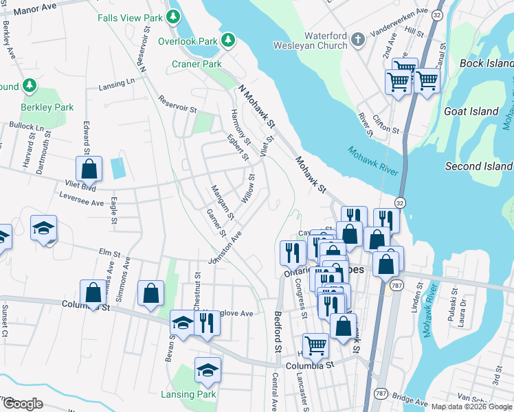 map of restaurants, bars, coffee shops, grocery stores, and more near 17 Johnston Avenue in Cohoes