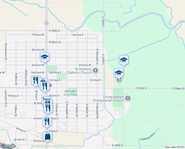 map of restaurants, bars, coffee shops, grocery stores, and more near 545 2nd Avenue East in Wendell