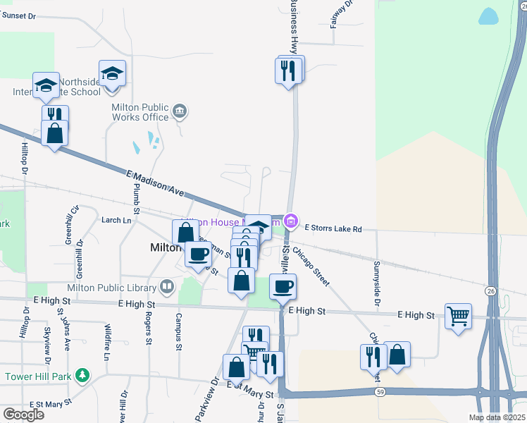 map of restaurants, bars, coffee shops, grocery stores, and more near 712 East Madison Avenue in Milton