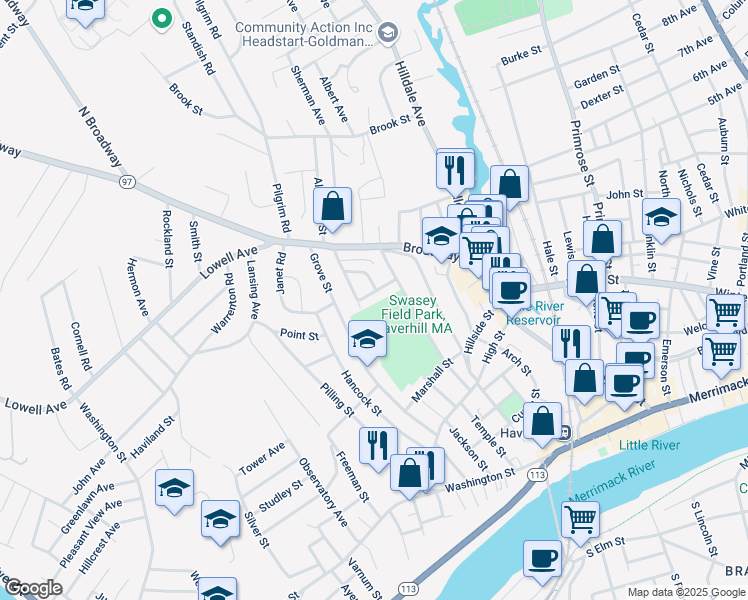 map of restaurants, bars, coffee shops, grocery stores, and more near 12 Broad Street in Haverhill
