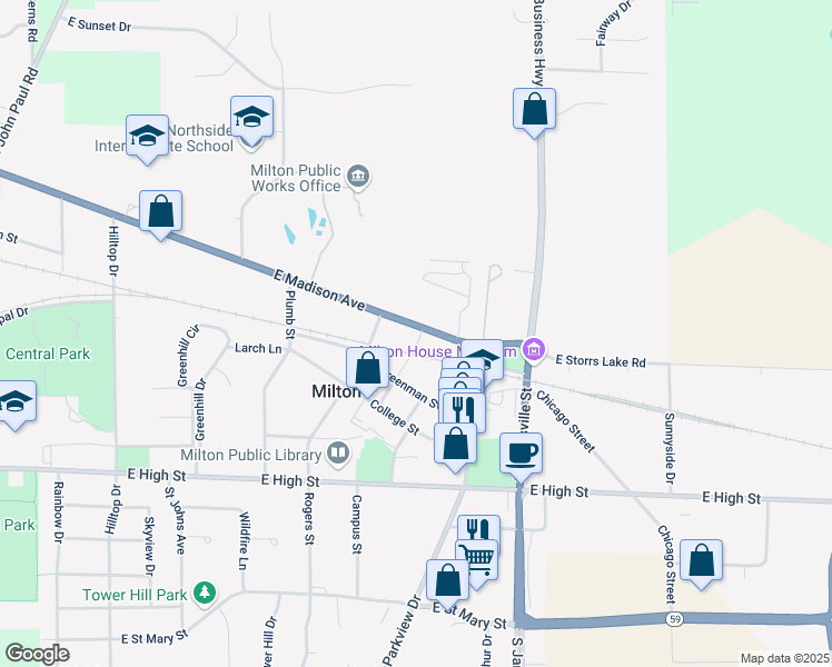 map of restaurants, bars, coffee shops, grocery stores, and more near 439 East Madison Avenue in Milton