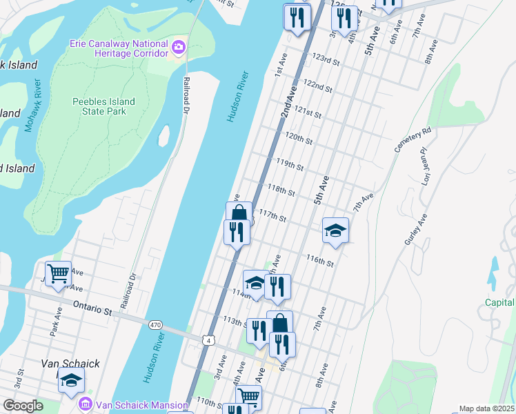 map of restaurants, bars, coffee shops, grocery stores, and more near 632 2nd Avenue in Troy