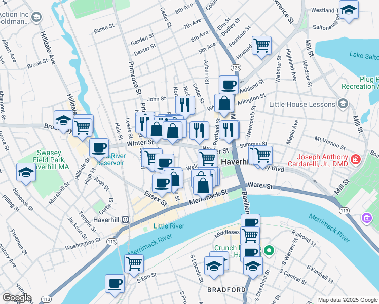 map of restaurants, bars, coffee shops, grocery stores, and more near 67 Pecker Street in Haverhill