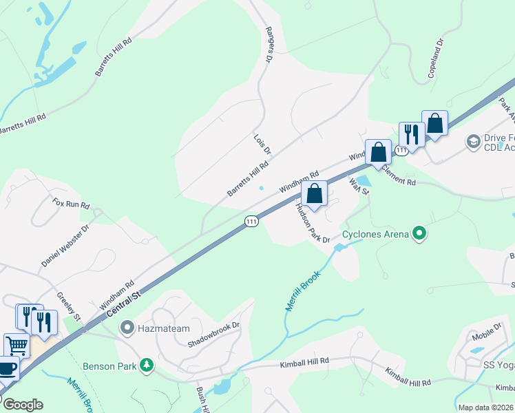 map of restaurants, bars, coffee shops, grocery stores, and more near 46a Windham Road in Hudson