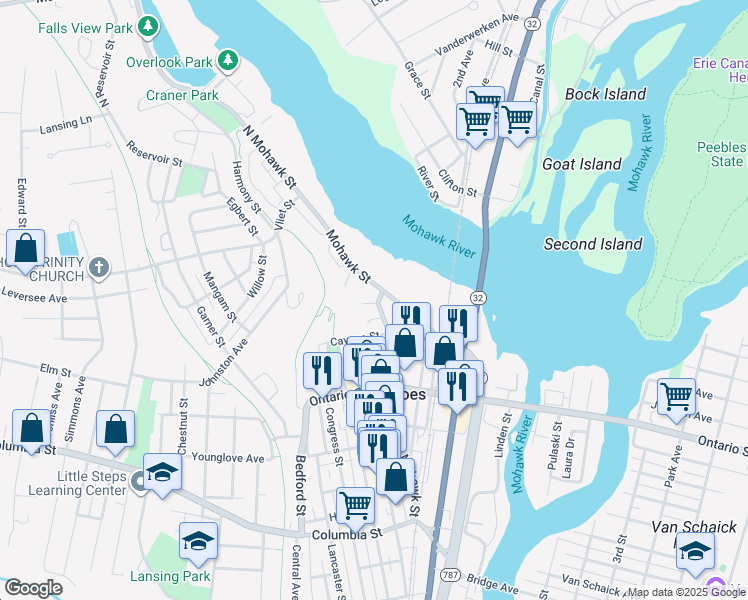 map of restaurants, bars, coffee shops, grocery stores, and more near 18 Mohawk Street in Cohoes