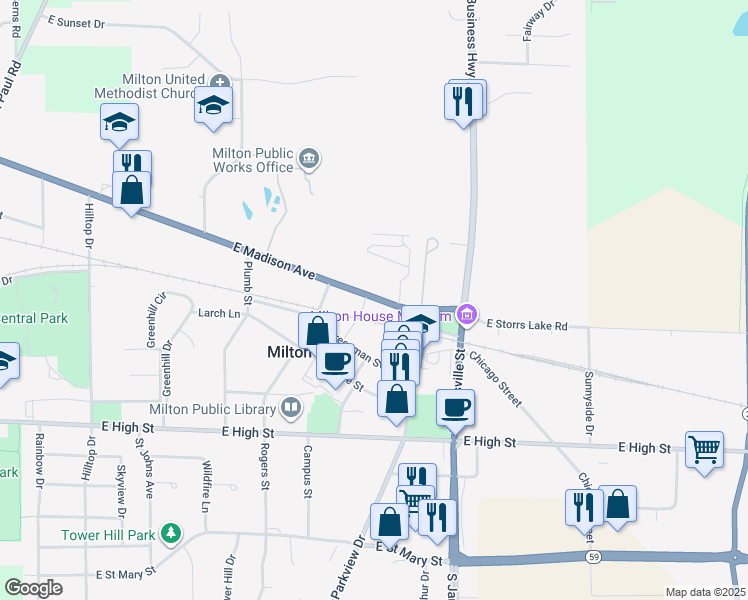 map of restaurants, bars, coffee shops, grocery stores, and more near 507 East Madison Avenue in Milton