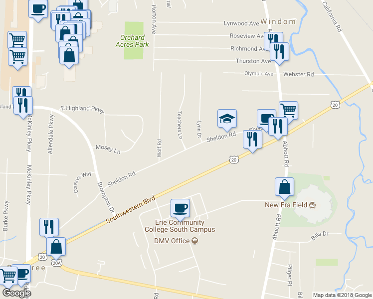 map of restaurants, bars, coffee shops, grocery stores, and more near 3916 Sheldon Road in Orchard Park