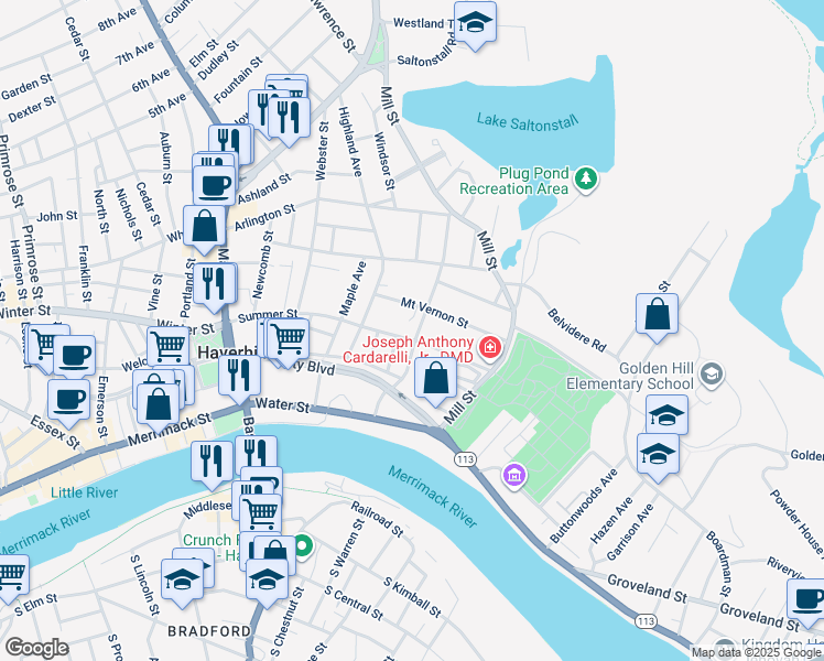 map of restaurants, bars, coffee shops, grocery stores, and more near 160 Summer Street in Haverhill
