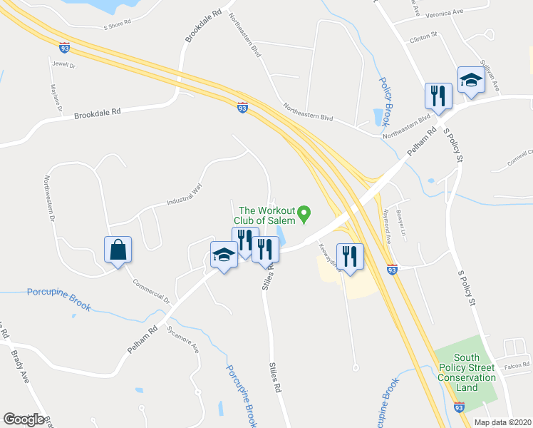 map of restaurants, bars, coffee shops, grocery stores, and more near 1 Manor Parkway in Salem