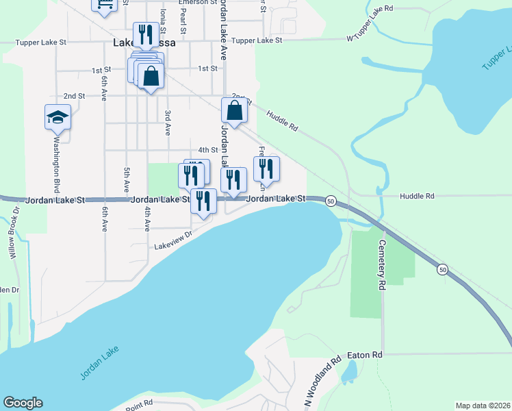 map of restaurants, bars, coffee shops, grocery stores, and more near 1524 Jordan Lake Avenue in Lake Odessa