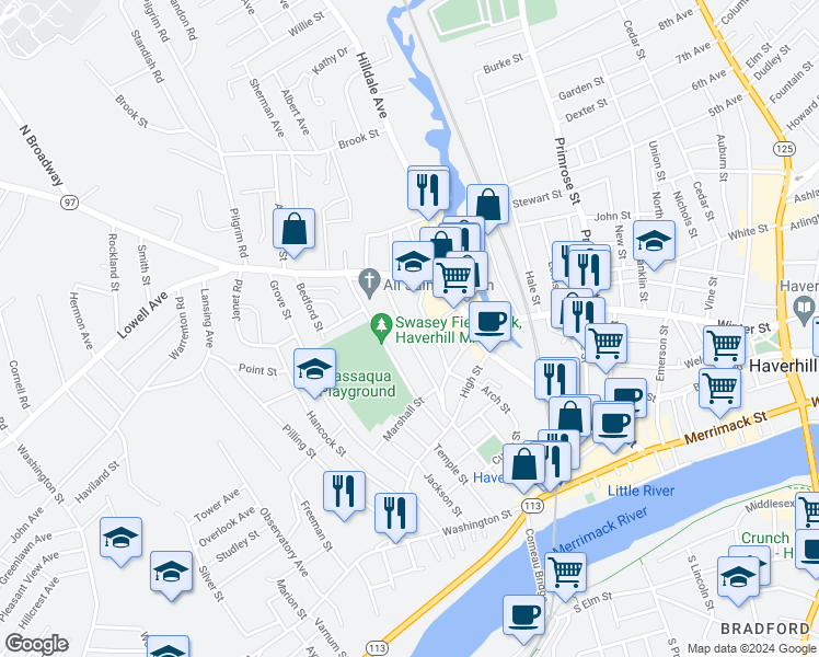 map of restaurants, bars, coffee shops, grocery stores, and more near 81 Bellevue Avenue in Haverhill