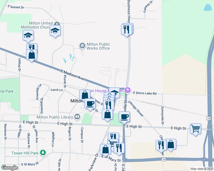 map of restaurants, bars, coffee shops, grocery stores, and more near 528 East Madison Avenue in Milton