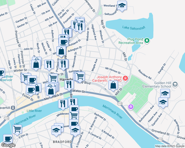 map of restaurants, bars, coffee shops, grocery stores, and more near 95 Summer Street in Haverhill