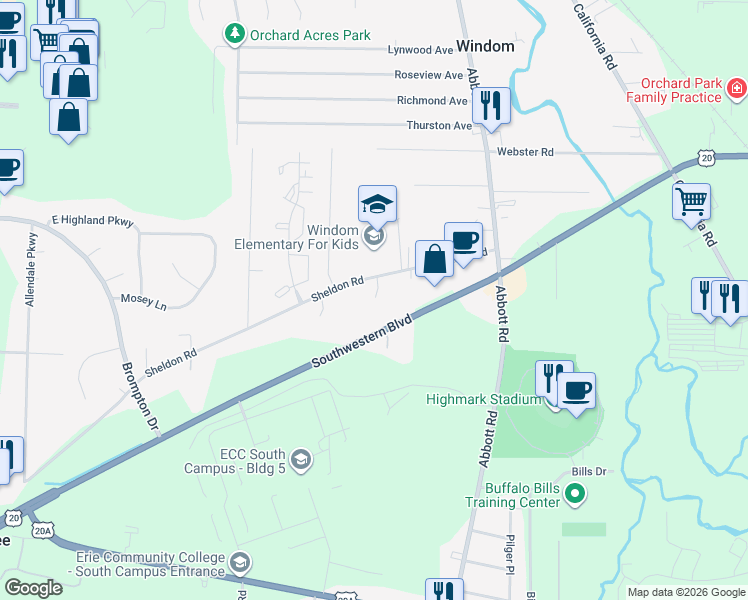map of restaurants, bars, coffee shops, grocery stores, and more near 4011 Sheldon Road in Orchard Park