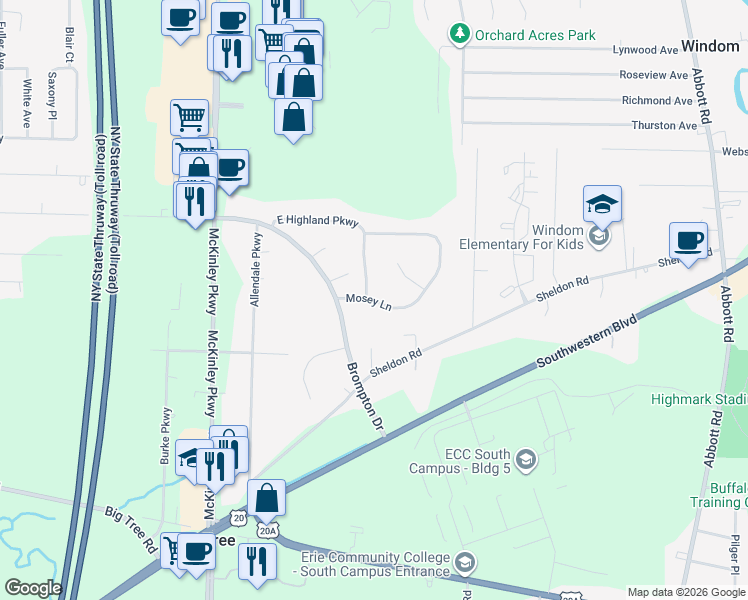 map of restaurants, bars, coffee shops, grocery stores, and more near 4673 Mosey Lane in Buffalo