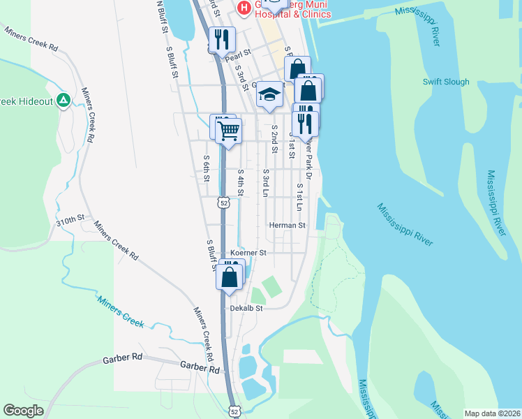 map of restaurants, bars, coffee shops, grocery stores, and more near 800-898 South 3rd Lane in Guttenberg